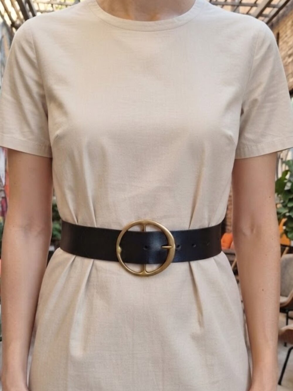 Vintage-Inspired Wide Black Leather Belt with Large Brass O-Ring Buckle